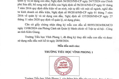 Thông báo mẫu dấu mới của trường TH Vĩnh Phong 1